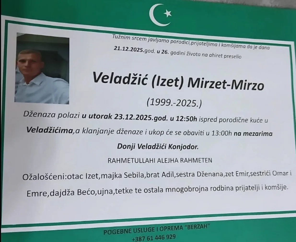 Smrtovnica MIrzet Veladžić/Facebook