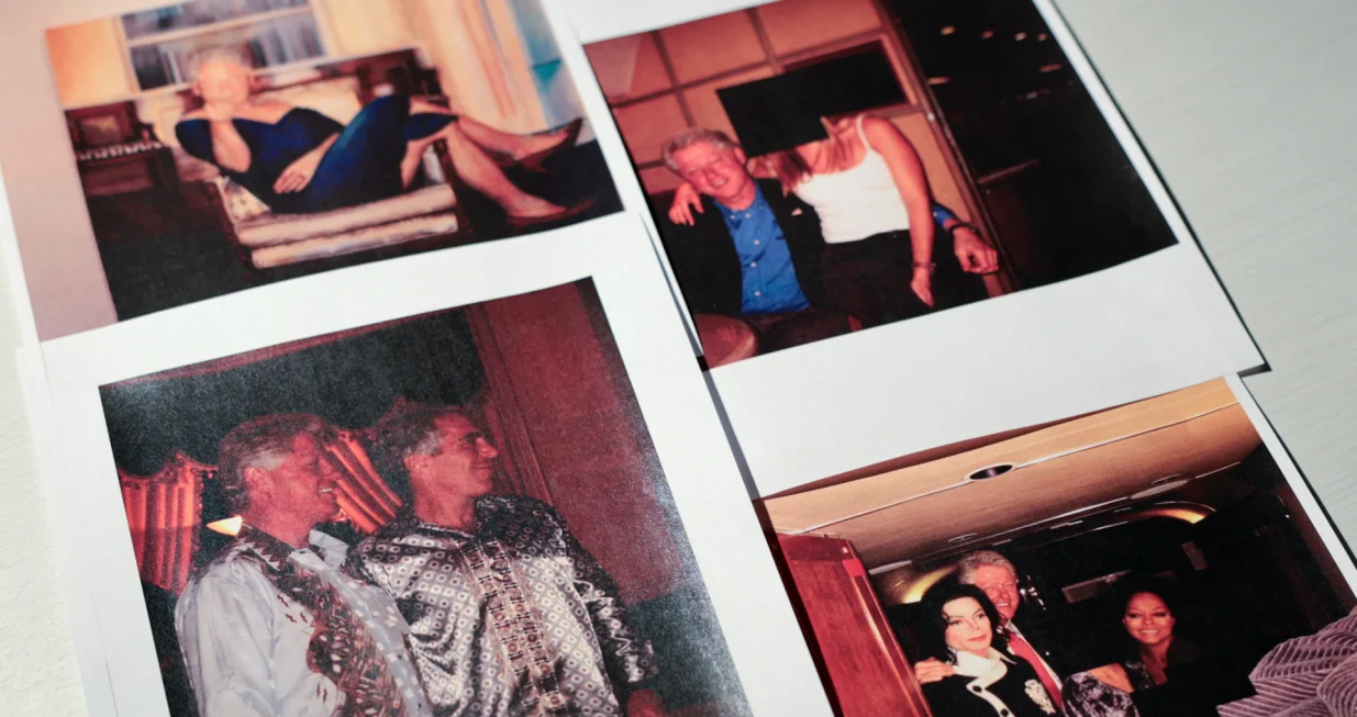 Newly-released documents from disgraced late financier and sex offender Jeffrey Epstein, including a number of pictures of former U.S. President Bill Clinton and a photo of a painting depicting Clinton in a blue dress, are seen in these handout images released by the U.S. Justice Department and printed and arranged for a photograph by Reuters in Washington, D.C., U.S., December 19, 2025. REUTERS/Jonathan Ernst/Jonathan Ernst
