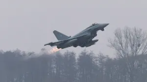 FILE PHOTO: German Air Force Eurofighter Typhoon fighter jet takes off during a training scramble at the 22nd Tactical Air Base in Malbork, Poland, December 10, 2025. REUTERS/Lukasz Glowala/File Photo/Lukasz Glowala