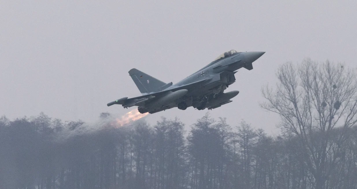 FILE PHOTO: German Air Force Eurofighter Typhoon fighter jet takes off during a training scramble at the 22nd Tactical Air Base in Malbork, Poland, December 10, 2025. REUTERS/Lukasz Glowala/File Photo/Lukasz Glowala