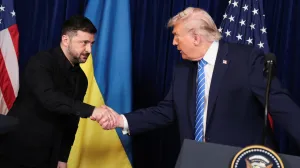 U.S. President Donald Trump and Ukrainian President Volodymyr Zelenskiy shake hands during a press conference after their lunch meeting at Trump's Mar-a-Lago club, in Palm Beach, Florida, U.S., December 28, 2025. REUTERS/Jonathan Ernst/Jonathan Ernst