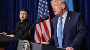 U.S. President Donald Trump and Ukrainian President Volodymyr Zelenskiy hold a press conference after their lunch meeting at Trump's Mar-a-Lago club, in Palm Beach, Florida, U.S., December 28, 2025. REUTERS/Jonathan Ernst/Jonathan Ernst