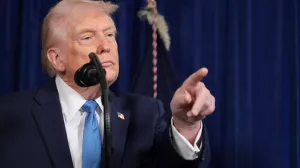 U.S. President Donald Trump points during a press conference following a U.S. strike on Venezuela where President Nicolas Maduro and his wife, Cilia Flores, were captured, from Trump's Mar-a-Lago club in Palm Beach, Florida, U.S., January 3, 2026. REUTERS/Jonathan Ernst/Jonathan Ernst