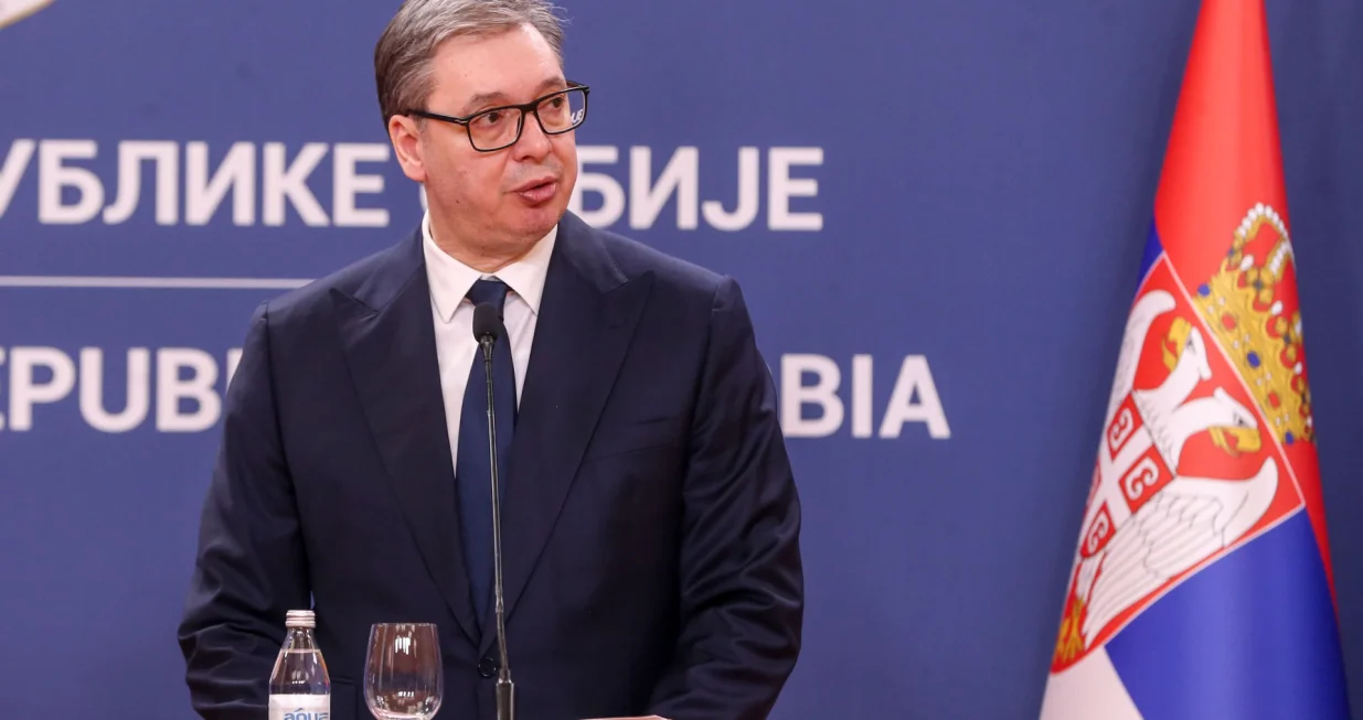 BEOGRAD, SRBIJA - 21. decembar 2025: Predsjednik Srbije Aleksandar Vučić primio je predsjednika Slovačke Republike Petera Pelegrinija - konferencija za medije (Filip Stevanovic - Anadolu Agency)/