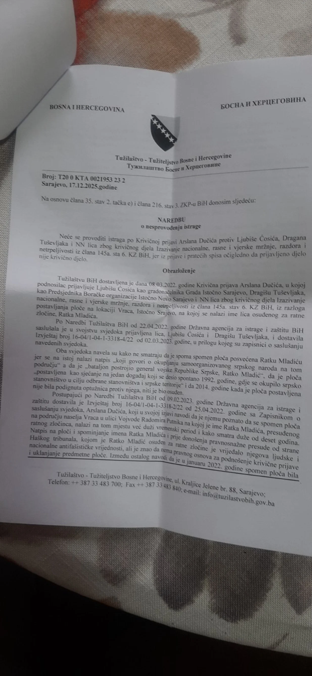 Rje&scaron;enje Tužila&scaron;tva BiH o obustavljanju istrage/