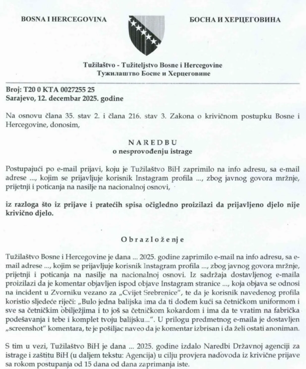 Sporna odluka Tužila&scaron;tva BiH/Raport/