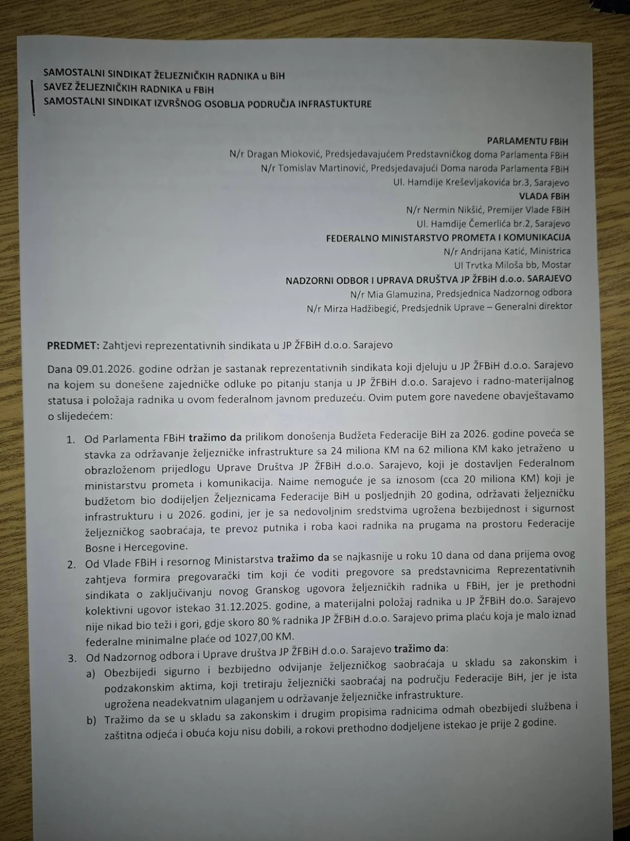 Zahtjevi, radnici, Željeznice FBiH, JP ŽFBiH/Oslobođenje