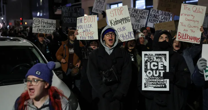 Demonstrators shout slogans during a demonstration against increased immigration enforcement, days after the fatal shooting of Renee Nicole Good by a U.S. Immigration and Customs Enforcement (ICE) agent, outside the Canopy by Hilton hotel that demonstrators believe is being used by federal agents, in Minneapolis, Minnesota, U.S., January 9, 2026. REUTERS/Tyrone Siu/Tyrone Siu