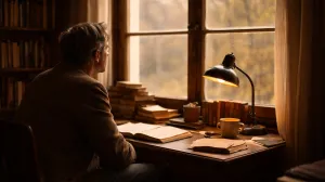 pisac, književnik, gledanje, prozor, sjeta, melanholija, književnost, čitanje/Chatgpt