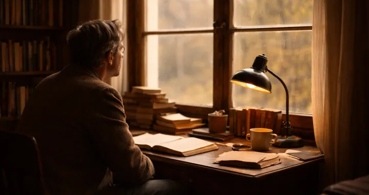 pisac, književnik, gledanje, prozor, sjeta, melanholija, književnost, čitanje/Chatgpt