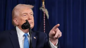 U.S. President Donald Trump points during a press conference following a U.S. strike on Venezuela where President Nicolas Maduro and his wife, Cilia Flores, were captured, from Trump's Mar-a-Lago club in Palm Beach, Florida, U.S., January 3, 2026. REUTERS/Jonathan Ernst/Jonathan Ernst