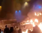 Protesters gather as vehicles burn, amid evolving anti-government unrest, in Tehran, Iran, in this screen grab obtained from a social media video released on January 9, 2026. Social Media/via REUTERS THIS IMAGE HAS BEEN SUPPLIED BY A THIRD PARTY. NO RESALES. NO ARCHIVES. REFILE - QUALITY REPEAT VERIFICATION: - Buildings, business signage and traffic light matched file and satellite imagery - Date not verified - Witnesses told Reuters protesters gathered in the streets on Thursday (January 8)/Social Media