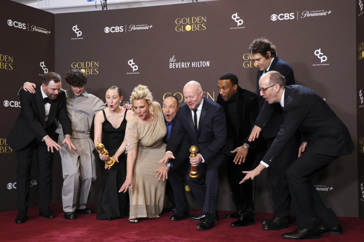 Philip Barantini, Owen Cooper, Erin Doherty, Hannah Walters, Stephen Graham, Mark Herbert, Ashley Walters, Jeremy Kleiner and Jack Thorne pose with the Best Television Limited Series, Anthology Series, or Motion Picture Made for Television award for "Adolescence" at the 83rd Annual Golden Globes in Beverly Hills, California, U.S., January 11, 2026. REUTERS/Mario Anzuoni/Mario Anzuoni