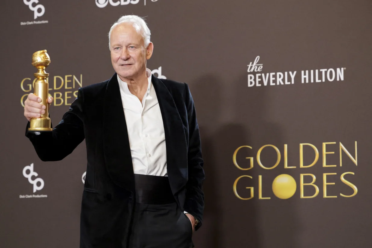Stellan Skarsgard poses with the Best Performance by a Male Actor in a Supporting Role in any Motion Picture award for "Sentimental Value" at the 83rd Annual Golden Globes in Beverly Hills, California, U.S., January 11, 2026. REUTERS/Mario Anzuoni/Mario Anzuoni
