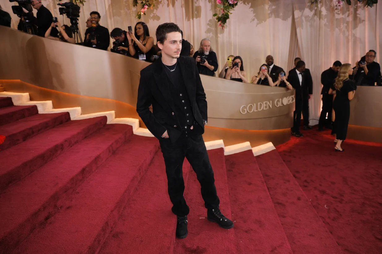 Timothee Chalamet poses on the red carpet at the 83rd Annual Golden Globes in Beverly Hills, California, U.S., January 11, 2026. REUTERS/Mike Blake/Mike Blake