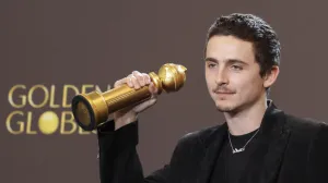 Timothee Chalamet poses with the Best Performance by a Male Actor in a Motion Picture - Musical or Comedy award for "Marty Supreme" at the 83rd Annual Golden Globes in Beverly Hills, California, U.S., January 11, 2026. REUTERS/Mario Anzuoni/Mario Anzuoni
