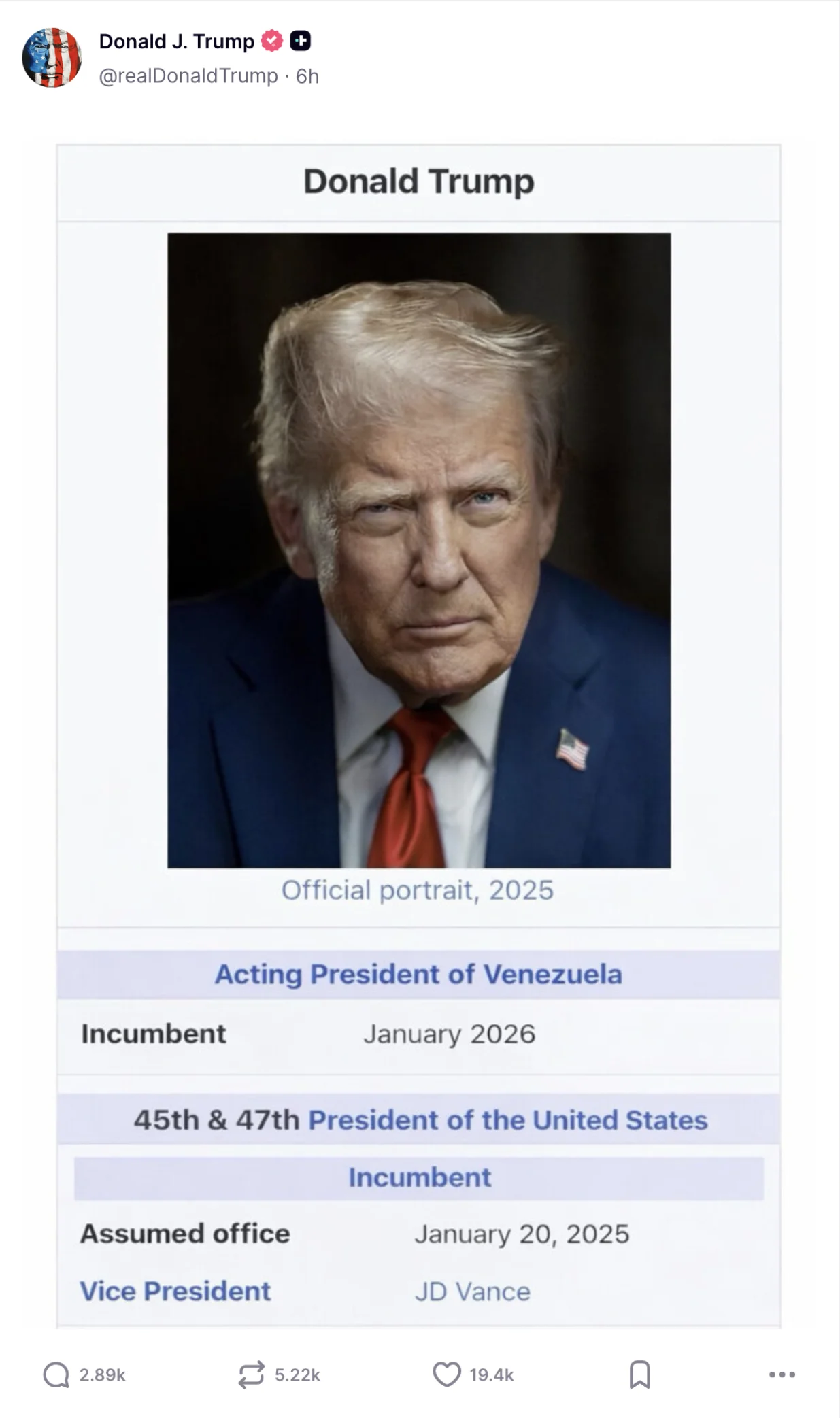 Trumpova objava na Truth Social/