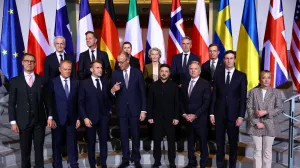 Ukraine's President Volodymyr Zelenskiy, U.S. President Donald Trump's son-in-law Jared Kushner, U.S. Special Envoy Steve Witkoff and German Chancellor Friedrich Merz gather for a family photo together with French President Emmanuel Macron, European Commission President Ursula von der Leyen, NATO Secretary General Mark Rutte, Denmark's Prime Minister Mette Frederiksen, Finland's President Alexander Stubb, Italian Prime Minister Giorgia Meloni, Norway's Prime Minister Jonas Gahr Store, Poland's Prime Minister Donald Tusk and Dutch Prime Minister Dick Schoof, at the Chancellery in Berlin, Germany, December 15, 2025. REUTERS/Lisi Niesner/PoolвЂЁ/Lisi Niesner