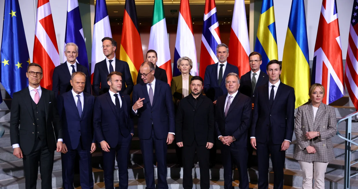 Ukraine's President Volodymyr Zelenskiy, U.S. President Donald Trump's son-in-law Jared Kushner, U.S. Special Envoy Steve Witkoff and German Chancellor Friedrich Merz gather for a family photo together with French President Emmanuel Macron, European Commission President Ursula von der Leyen, NATO Secretary General Mark Rutte, Denmark's Prime Minister Mette Frederiksen, Finland's President Alexander Stubb, Italian Prime Minister Giorgia Meloni, Norway's Prime Minister Jonas Gahr Store, Poland's Prime Minister Donald Tusk and Dutch Prime Minister Dick Schoof, at the Chancellery in Berlin, Germany, December 15, 2025. REUTERS/Lisi Niesner/PoolвЂЁ/Lisi Niesner