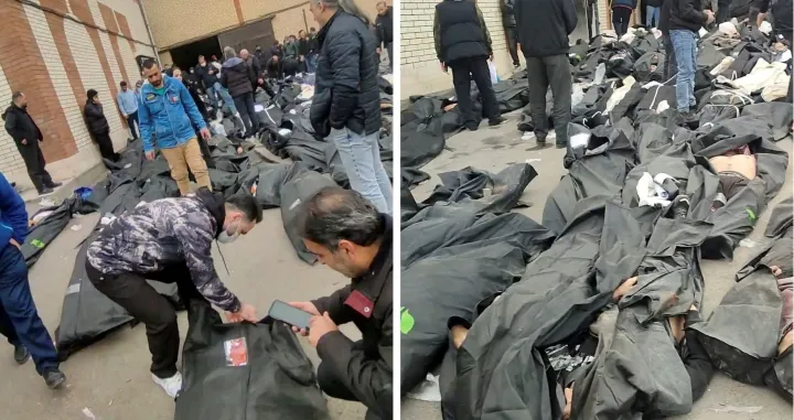 SENSITIVE MATERIAL. THIS IMAGE MAY OFFEND OR DISTURB Bodies lie in body bags on the ground as people stand amid the scene outside Kahrizak Forensic Medical Centre in Tehran, Iran, in this screen capture from a video obtained from social media, January 11, 2026. Social Media/via REUTERS THIS IMAGE HAS BEEN SUPPLIED BY A THIRD PARTY. MANDATORY CREDIT. NO RESALES. NO ARCHIVES. Verification: Location confirmed from buildings, road layout which matched file and satellite imagery of the area Date could not be independently verified//