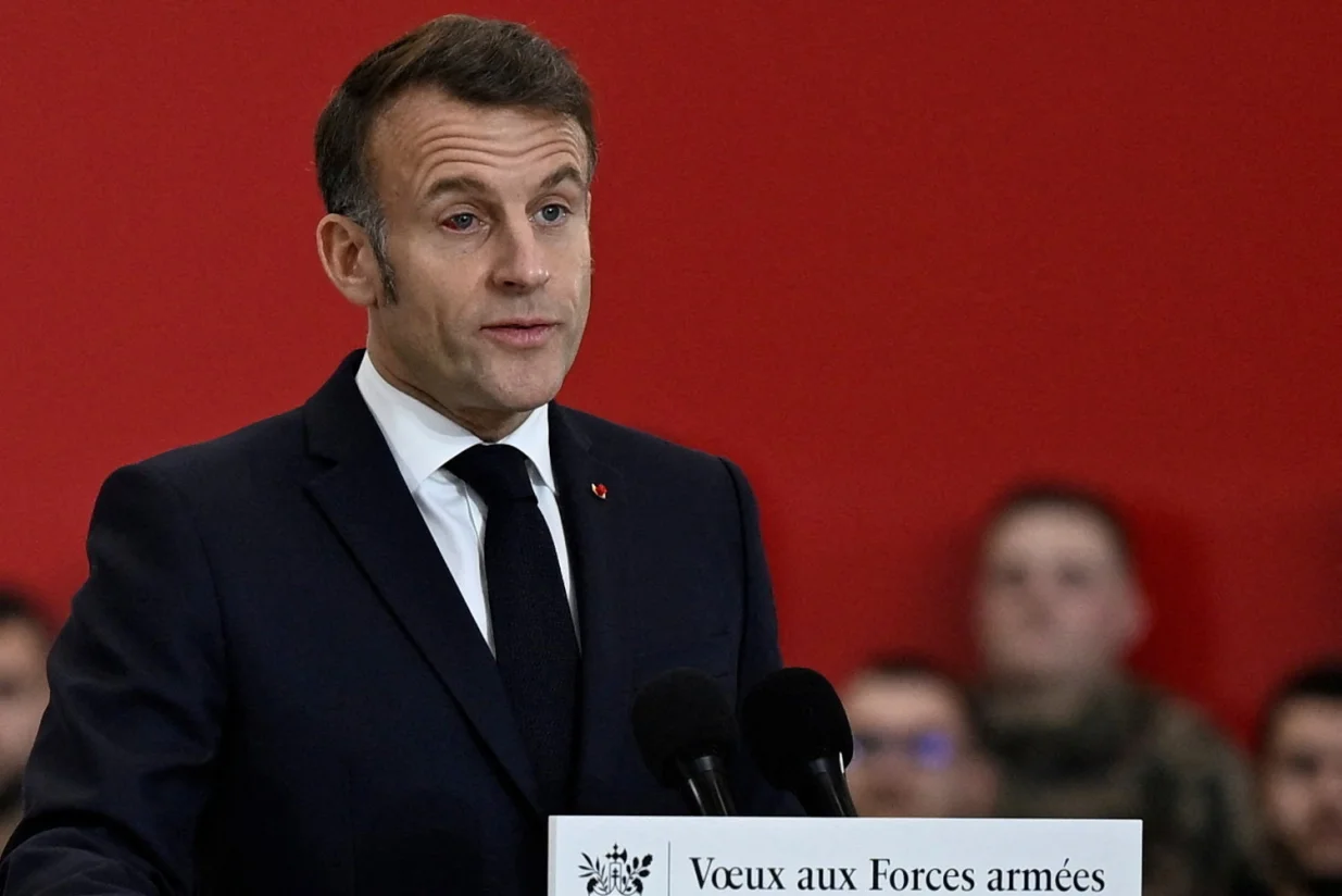 French President Emmanuel Macron delivers a speech as he visits the Istres military air force base, southern France, January 15, 2026. Philippe Magoni/Pool via REUTERS/Philippe Magoni