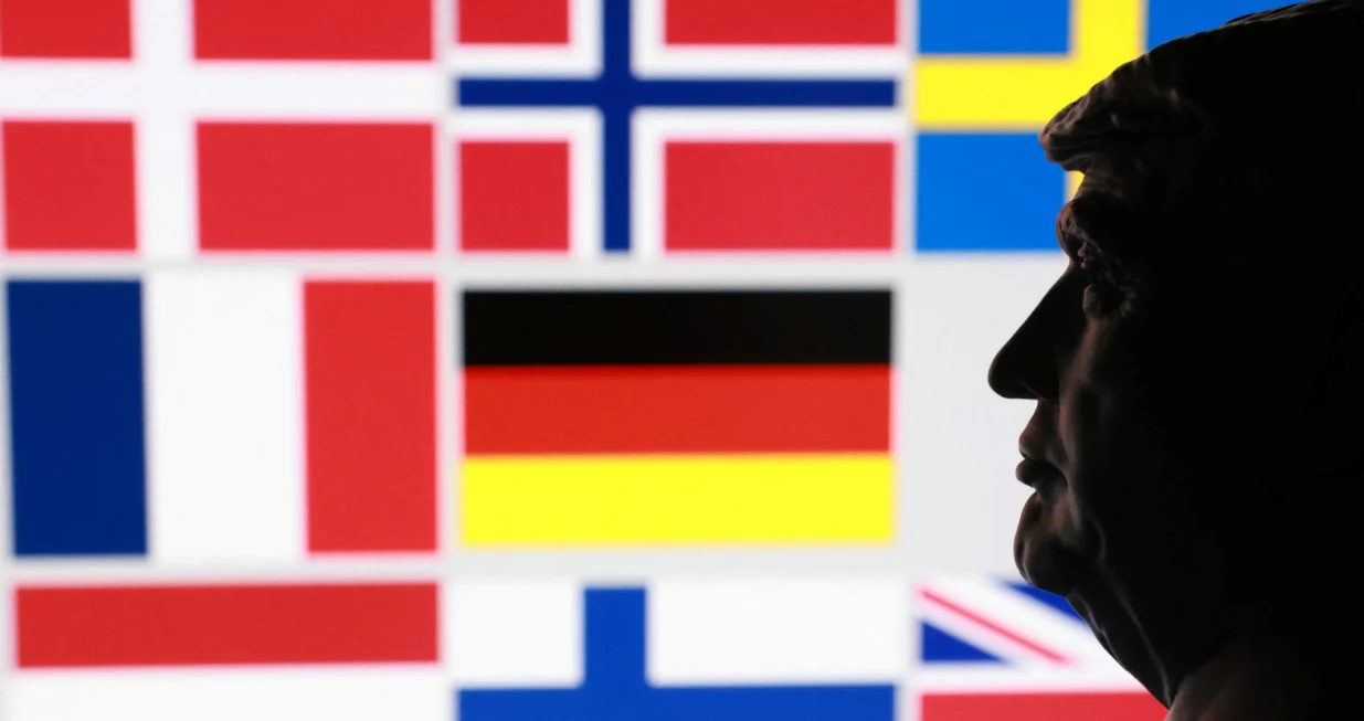 A 3D-printed miniature model of U.S. President Donald Trump and flags of eight European countries potentially facing U.S. tariffs after Trump said he may put a tariff on countries that do not support his plan for the United States to control Greenland, in this illustration taken January 17, 2026. REUTERS/Dado Ruvic/Illustration/Dado Ruvic
