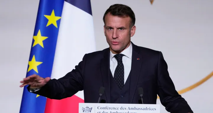 French President Emmanuel Macron delivers a speech to French ambassadors Thursday, Jan. 8, 2026 at the Elysee Palace in Paris, France.  Michel Euler/Pool via REUTERS/Michel Euler