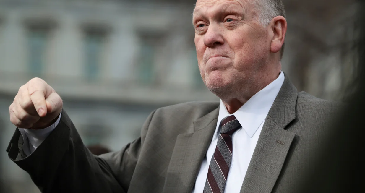 Tom Homan, who was appointed "border czar" by U.S. President Donald Trump, gestures as he speaks to the media outside the White House in Washington, D.C., U.S., January 14, 2026. REUTERS/Evelyn Hockstein/Evelyn Hockstein