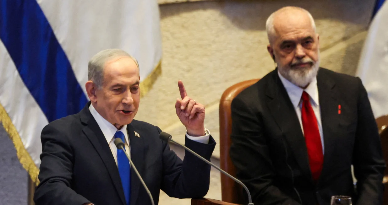 Israeli Prime Minister Benjamin Netanyahu speaks at the plenum of the Knesset, next to Albania's Prime Minister Edi Rama, in Jerusalem, January 26, 2026. REUTERS/Ronen Zvulun/Ronen Zvulun
