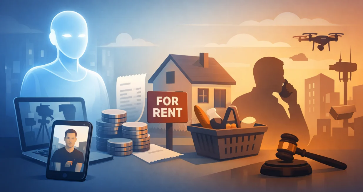 Minimalistička ilustracija podijeljena je u tri simbolične cjeline. Lijevo je hladni, plavi svijet digitalne tehnologije i umjetne inteligencije, prikazan kroz apstraktnu figuru i ekrane. U sredini su kuća, novac i namirnice kao simbol rasta tro&scaron;kova života. Desno, u toplim tonovima, vide se silueta čovjeka, dronovi i sudijski čekić koji sugeriraju nadzor, moć i dru&scaron;tveni pritisak./