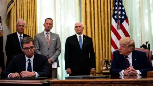 epa08646875 US President Donald J. Trump (R) participates in a signing ceremony and trilateral meeting with the President of the Republic of Serbia, Aleksandar Vucic (L), and the Prime Minister of the Republic of Kosovo, Avdullah Hoti (not pictured), at the White House, in Washington, DC, USA, on 04 September 2020. EPA/ANNA MONEYMAKER/POOL/Anna Moneymaker/Pool