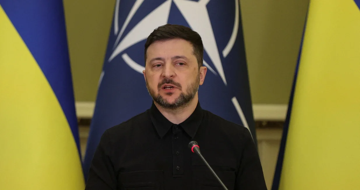 Ukraine's President Volodymyr Zelenskiy speaks to the media during a joint press conference with NATO Secretary General Mark Rutte (not pictured), amid Russia's attack on Ukraine, in Kyiv, Ukraine February 3, 2026. REUTERS/Anatolii Stepanov/Anatolii Stepanov