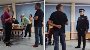 Pijunović u raspravi sa predsjednicom biračkog odbora i policijom/Screenshot/