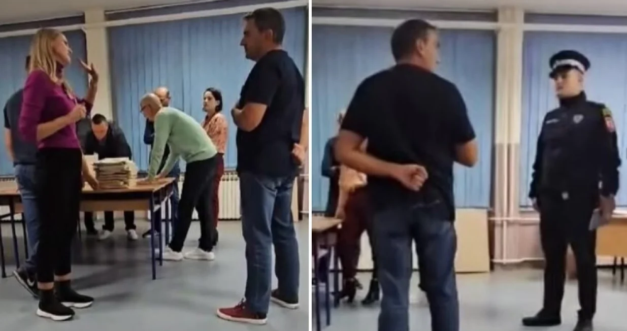 Pijunović u raspravi sa predsjednicom biračkog odbora i policijom/Screenshot/