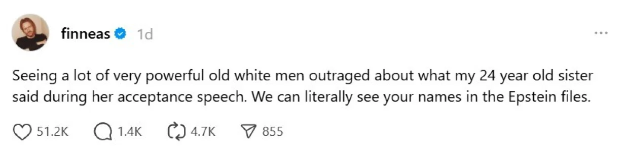 Finneas O'Connell, brat Billie Eilish, o reakcijama na sestrin govor na dodjeli Grammyja//