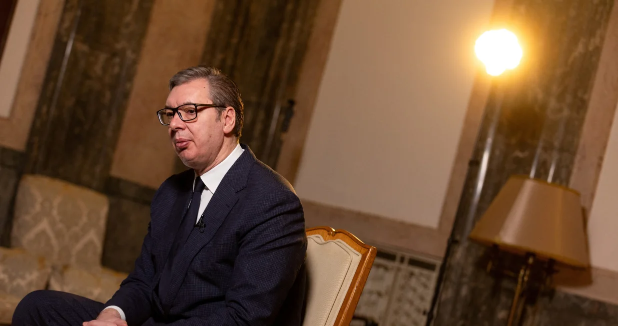 Serbian President Aleksandar Vucic attends an interview with Reuters in Belgrade, Serbia, February 4, 2026. REUTERS/Djordje Kojadinovic/Djordje Kojadinovic