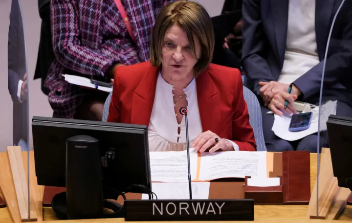 FILE PHOTO: Norway's Ambassador to the United Nations Mona Juul addresses the United Nations Security Council at the United Nations Headquarters in Manhattan, New York City, New York, U.S., April 5, 2022. REUTERS/Andrew Kelly/File Photo/Andrew Kelly