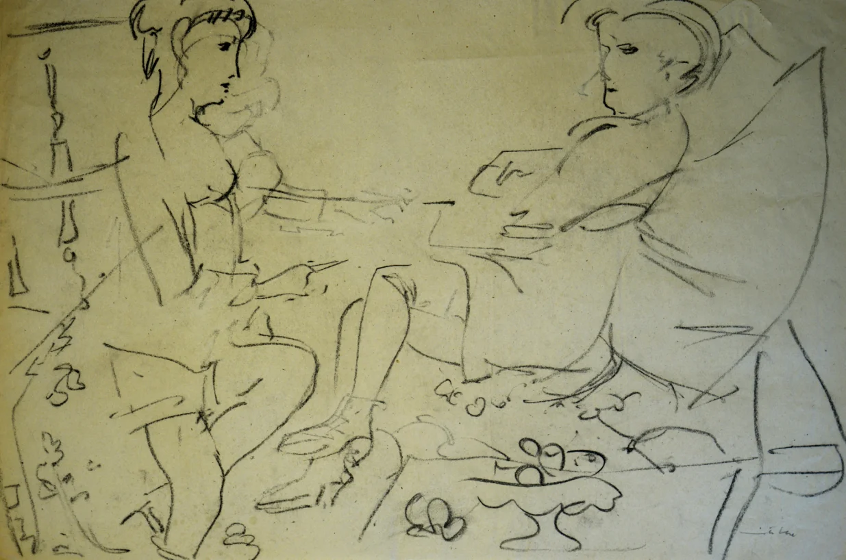 Dvije sjedeće ženske figure, ugljen/        