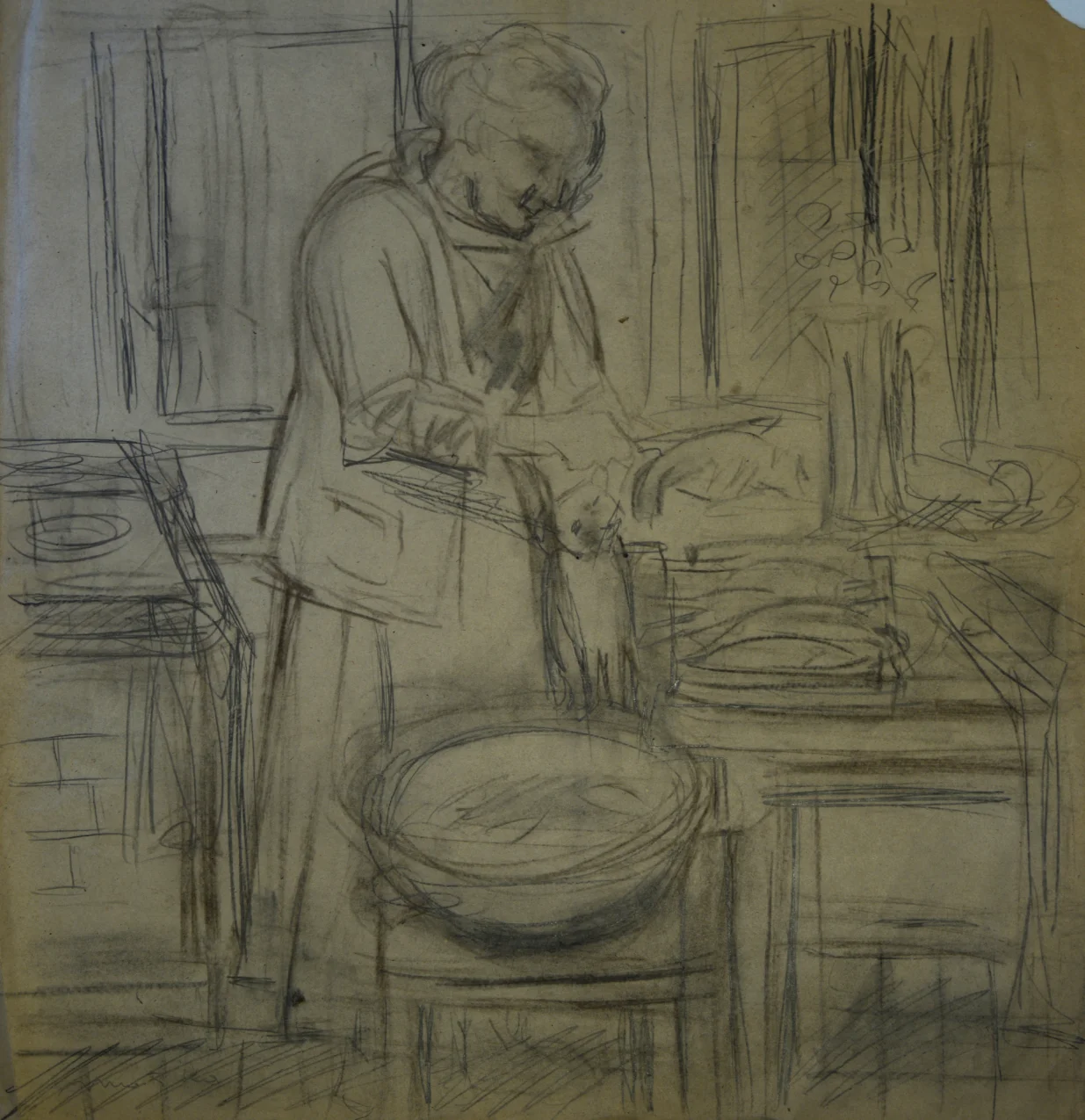 Slikareva majka u kuhinji, olovka i ugljen/        