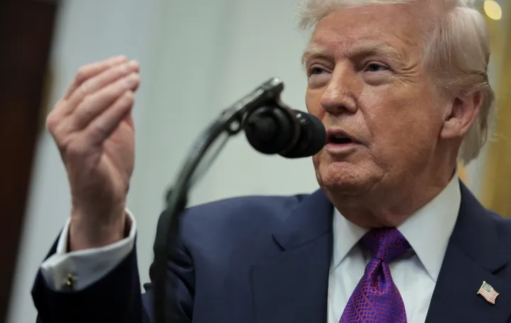 U.S. President Donald Trump makes an announcement on the repeal of a scientific finding that greenhouse gas emissions endanger human health, removing the legal basis for federal climate regulations, at the White House in Washington, D.C., U.S., February 12, 2026. REUTERS/Jonathan Ernst/Jonathan Ernst