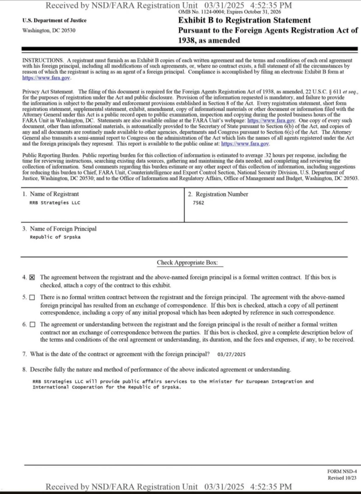 Lobistički ugovor RS-a/