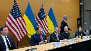 FILE PHOTO: U.S. President?Donald Trump's?son-in-law Jared?Kushner, U.S. Special Envoy Steve Witkoff, U.S. Secretary of State Marco Rubio, U.S. Army Secretary Daniel Driscoll sit before closed-door talks with Head of the Office of the President of Ukraine Andriy Yermak (not pictured) on ending Russia's war in Ukraine, at the U.S. Mission in Geneva, Switzerland, November 23, 2025. REUTERS/Emma Farge/File Photo/Emma Farge