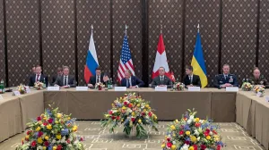 A U.S. delegation led by Special Envoy Steve Witkoff and U.S. President Donald Trump's son-in-law Jared Kushner waits for the start of a meeting on the first day of the third round of trilateral talks between delegates from Ukraine, Russia and the U.S., amid Russia's attack on Ukraine, in Geneva, Switzerland, February 17, 2026. Press service of the National Security and Defence Council of Ukraine/Handout via REUTERS ATTENTION EDITORS - THIS IMAGE HAS BEEN SUPPLIED BY A THIRD PARTY. NO ARCHIVES. NO RESALES/National Security And Defence Co