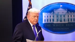 U.S. President Donald Trump arrives for a press briefing at the White House, following the Supreme Court's ruling that Trump had exceeded his authority when he imposed tariffs, in Washington, D.C., U.S., February 20, 2026. REUTERS/Kevin Lamarque REFILE - CORRECTING MONTH/Kevin Lamarque