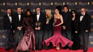 Director Paul Thomas Anderson, editor Andy Jurgensen, producer Sara Murphy, Cassandra Kulukundis, cinematographer Michael Bauman and cast members Leonardo DiCaprio, Benicio Del Toro, Teyana Taylor, Chase Infiniti pose with the awards for Best Film Award, Director Award, Adapted Screenplay Award and Cinematography Award for 'One Battle After Another' at the 2026 British Academy of Film and Television Awards (BAFTA) at the Royal Festival Hall in the Southbank Centre, London, Britain, February 22, 2026. REUTERS/Suzanne Plunkett  TPX IMAGES OF THE DAY/Suzanne Plunkett