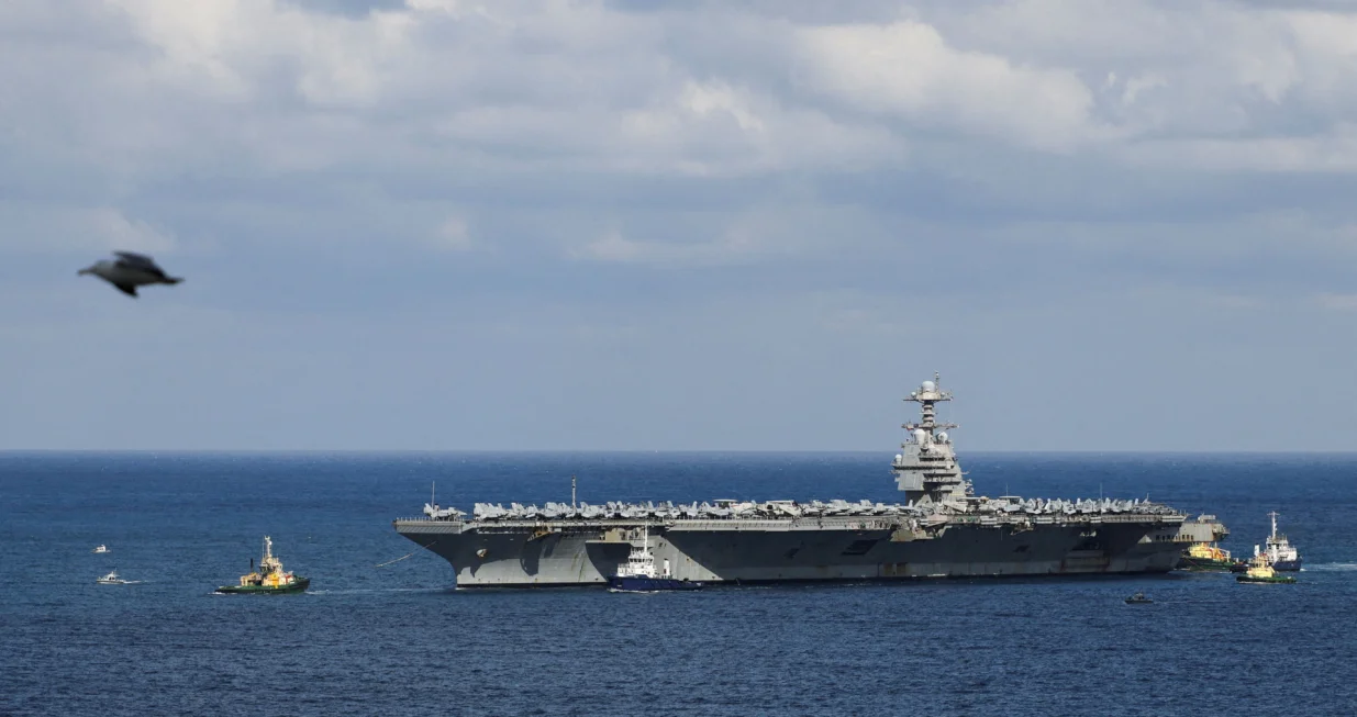 USS Gerald R. Ford aircraft carrier arrives at Souda Bay on the island of Crete, Greece, February 23, 2026. REUTERS/Stelios Misinas  TPX IMAGES OF THE DAY/Stelios Misinas