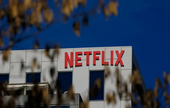 The Netflix logo is shown on one of their buildings in the Hollywood neighborhood of Los Angeles, California, U.S., December 2, 2025. REUTERS/Mike Blake/Mike Blake