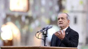Iranian President Masoud Pezeshkian speaks during a visit to the shrine of the leader of Iran's 1979 Islamic Revolution, Ayatollah Ruhollah Khomeini, in southern Tehran, Iran, January 31, 2026. Iran's Presidential website/WANA (West Asia News Agency)/Handout via REUTERS ATTENTION EDITORS - THIS PICTURE WAS PROVIDED BY A THIRD PARTY./Aboutaleb Nadri/iran's President