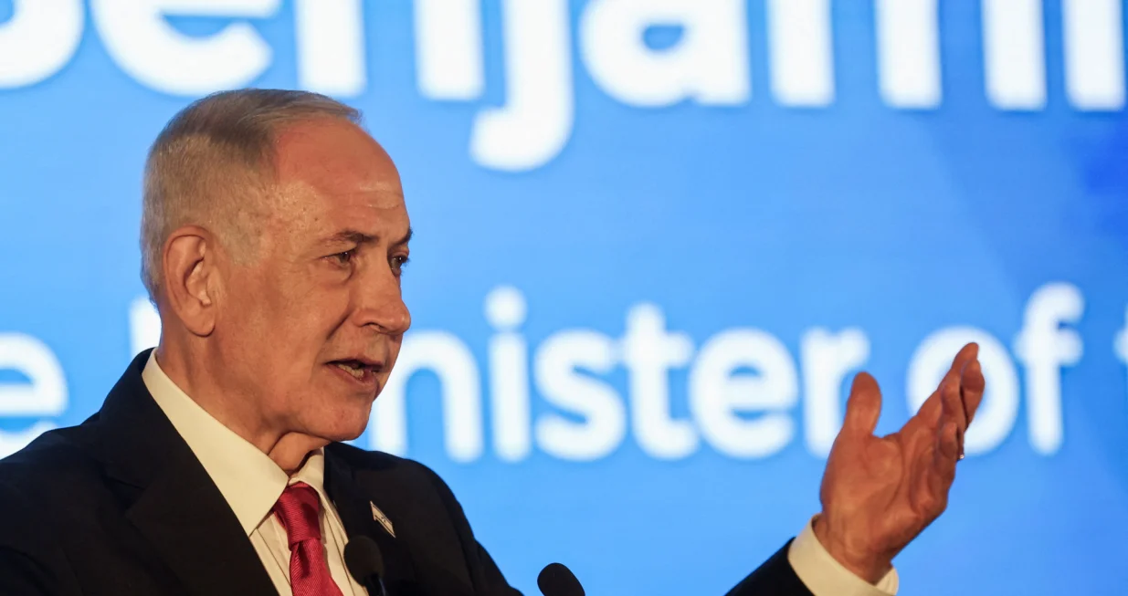 Israeli Prime Minister Benjamin Netanyahu gestures as he speaks during the Conference of Presidents of Major American Jewish Organisations, in Jerusalem, February 15, 2026. REUTERS/Ronen Zvulun/Ronen Zvulun