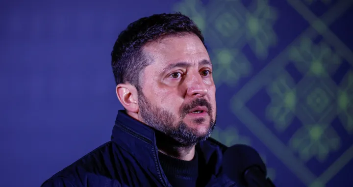 Ukraine's President Volodymyr Zelenskiy speaks to media after he shared an iftar, meal to break fast at sunset, during the holy month of Ramadan, with Ukrainian Muslim service members, near a mosque in Kyiv, Ukraine March 2, 2026. REUTERS/Alina Smutko/Alina Smutko